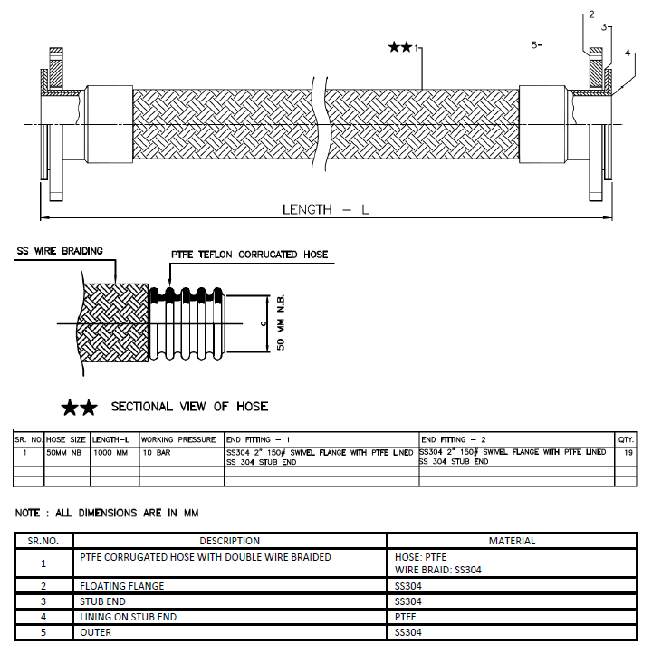corrugated flexible metallic ptfe lined hose drawing