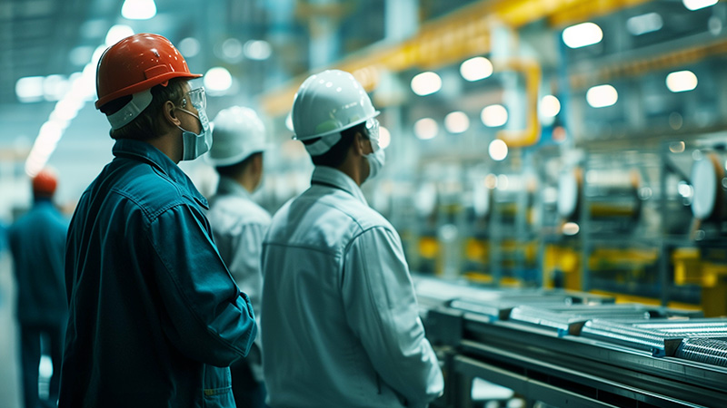 Engineers inspecting production line