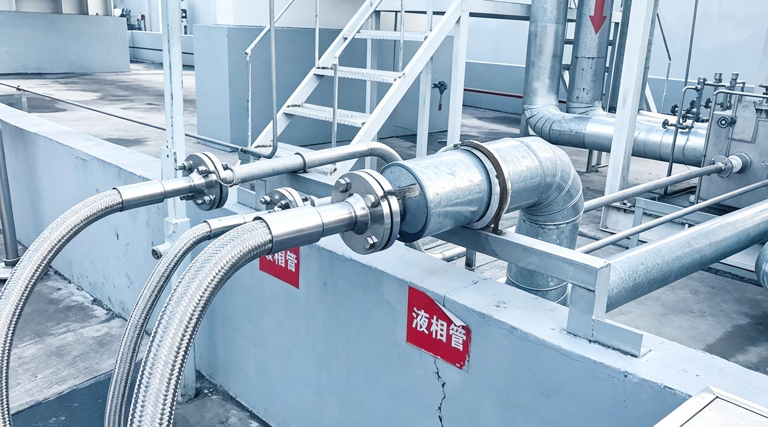 Industrial piping connection with flexible metal hoses